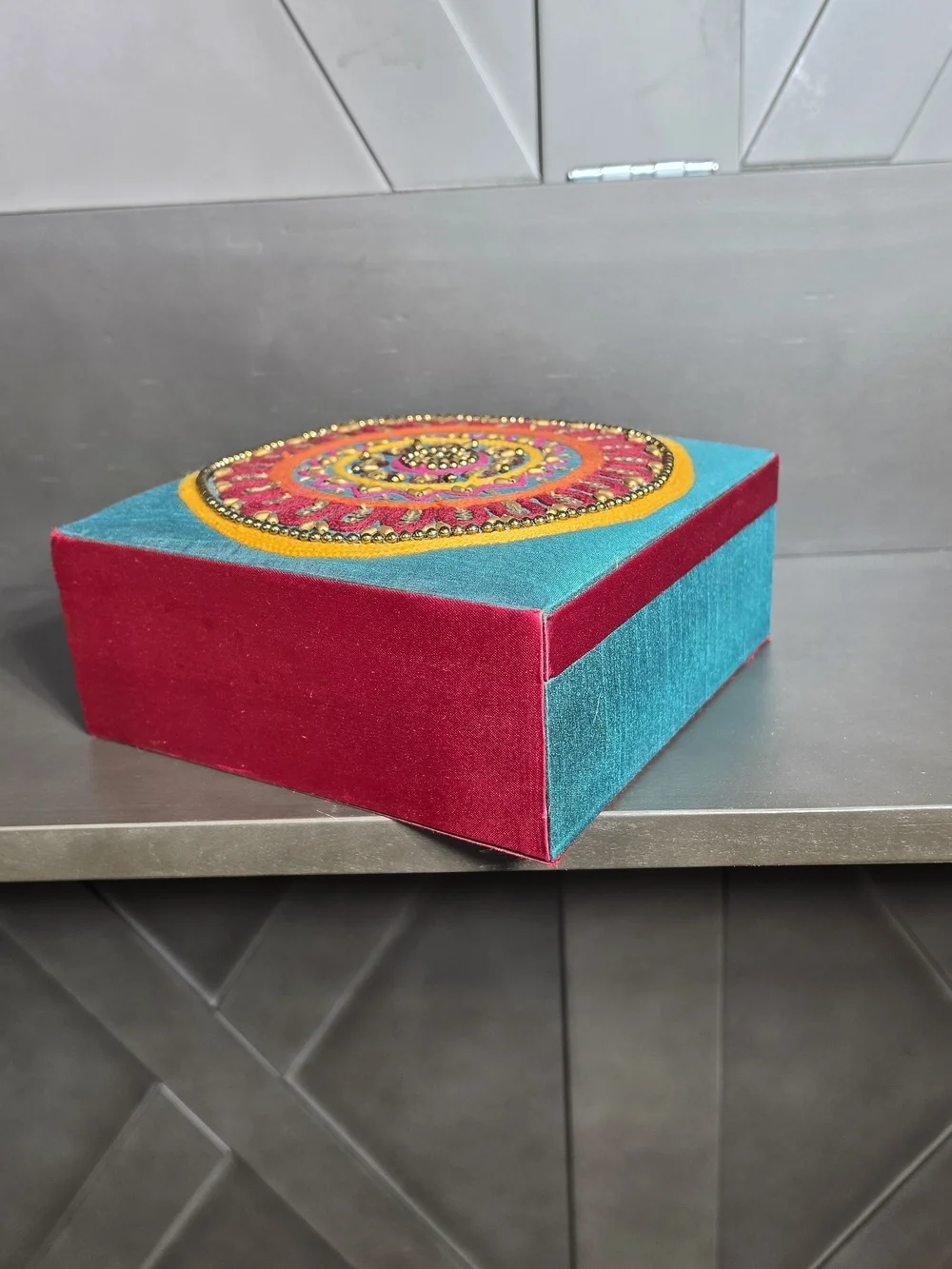 Jewelry Box With Mirror Beaded Fabric Covered Handmade In India Teal & Pink
